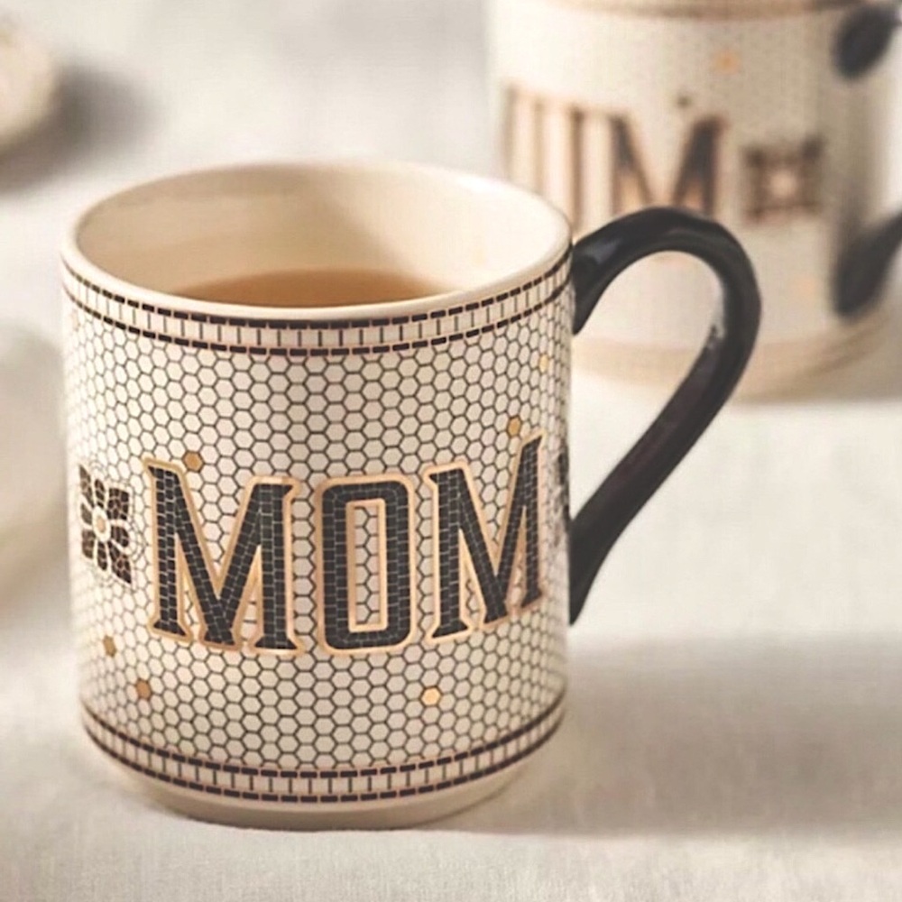 Anthropologie Bistro Tile Mom Mug 24K Gold Decaled Glazed Stoneware NIB